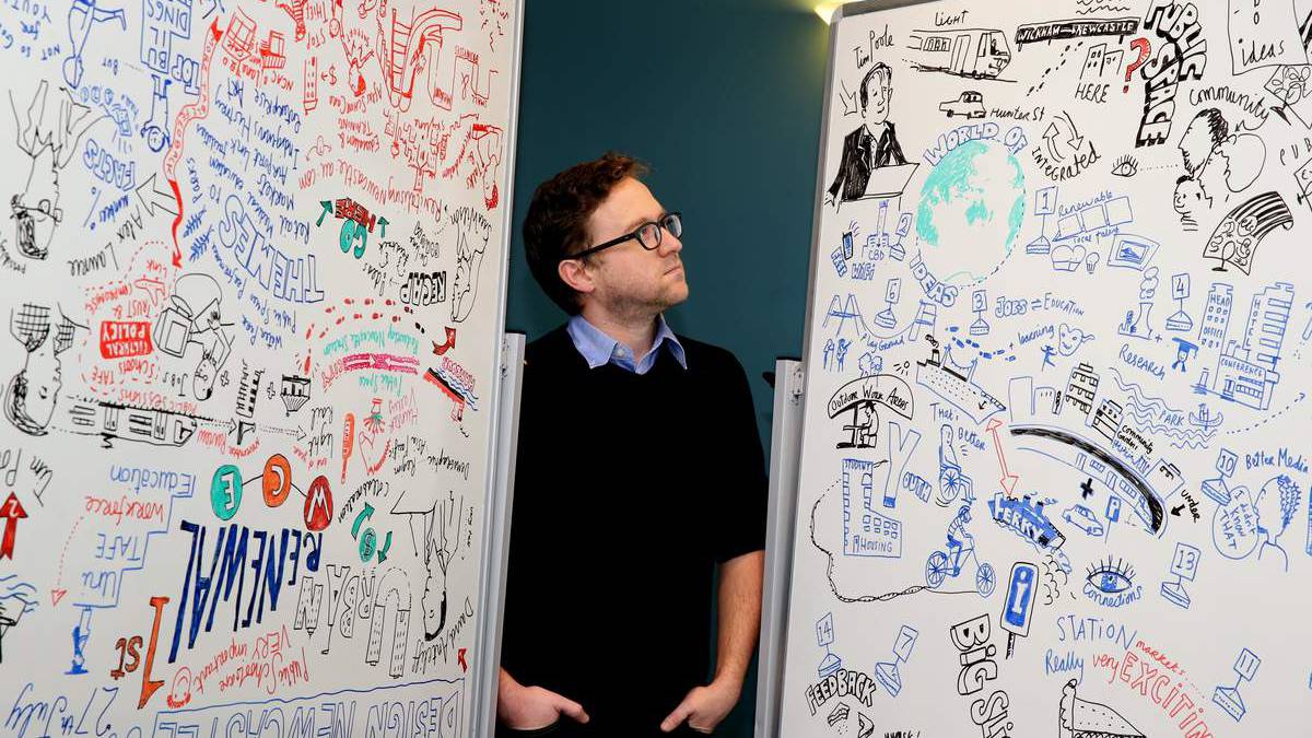 Arts writer Marcus Westbury standing between two whiteboards