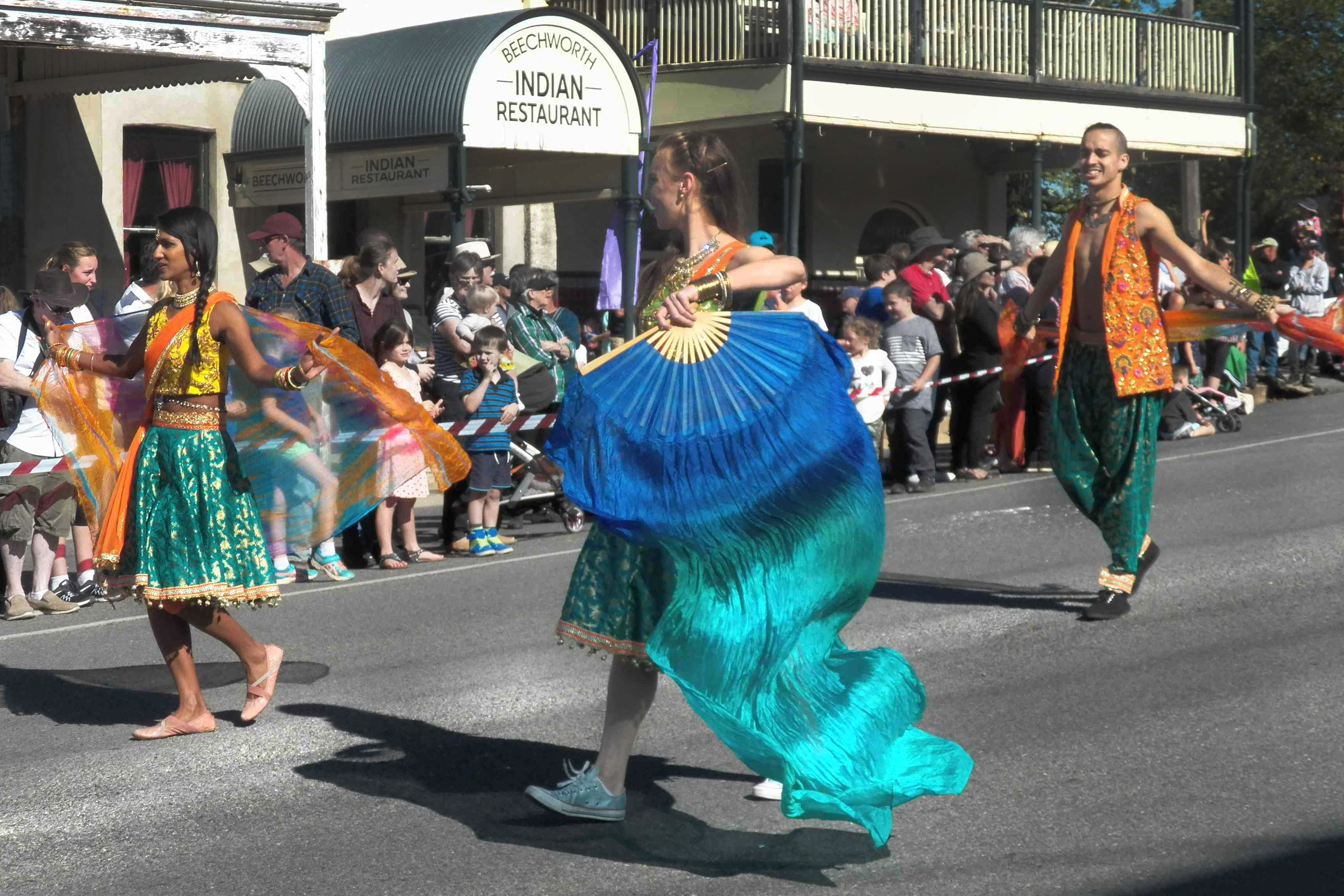 Bollywood dancers from Sapphire Dance grace Beechworth’s main street bringing colour to the annual Golden Horseshoe Festival parade.